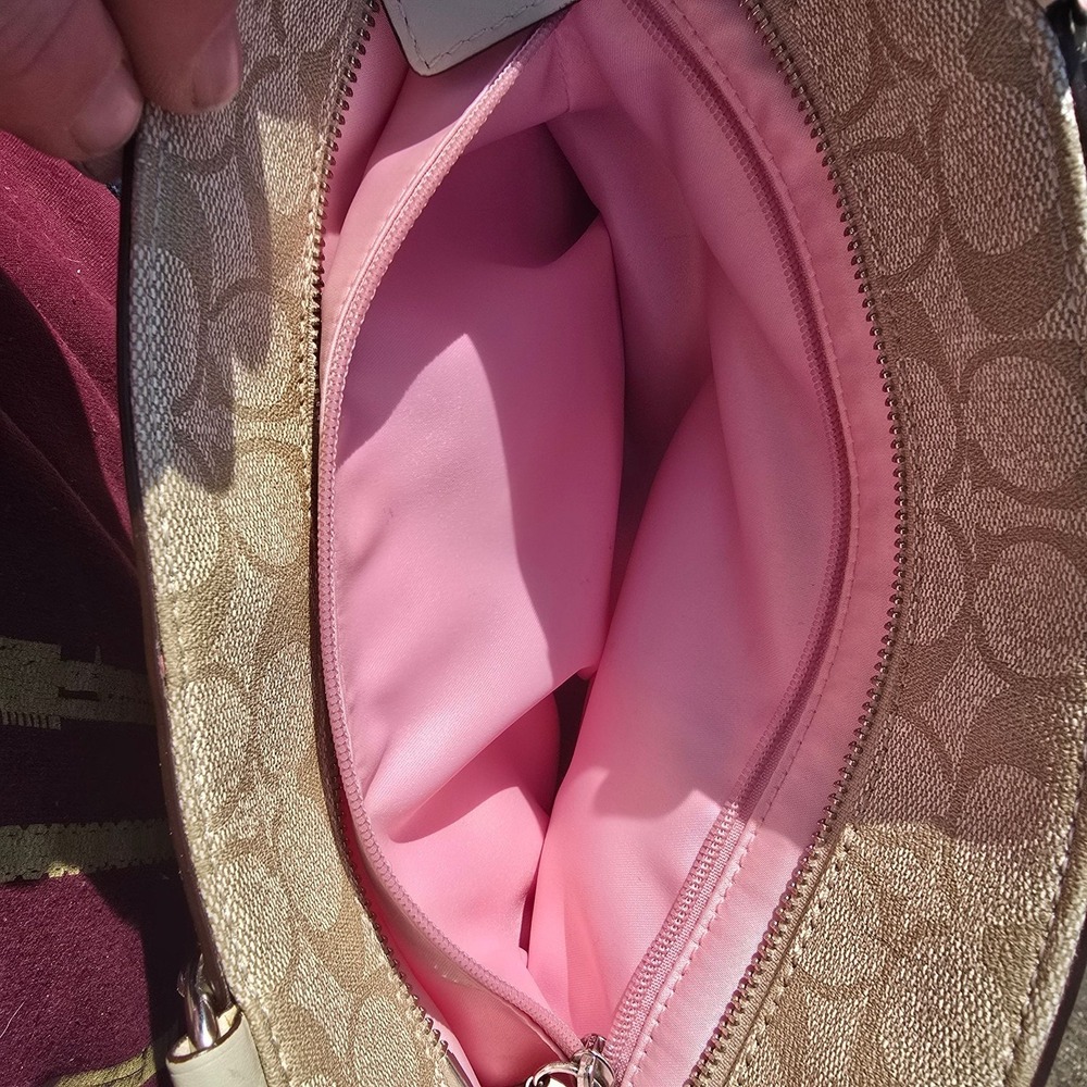 COACH Signature Stripe Tote Bag Beige Pink Canvas Leather Shoulder Purse - Picture 11 of 15